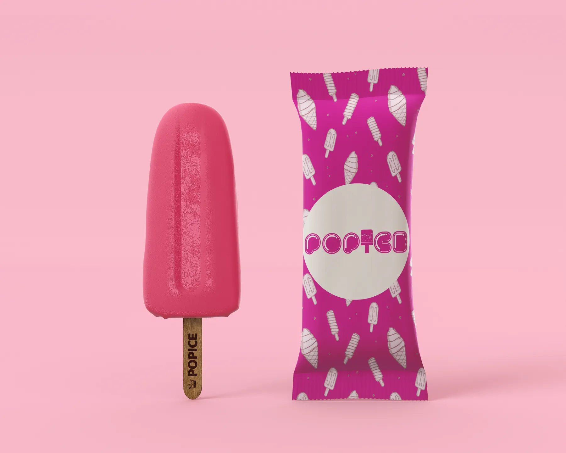 Popice ice-lolly packaging and product identity in vivid pink